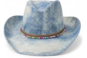 Pineeseatile Denim Cowgirl Hat, Denim Cowboy Hat for Women, Unique Tie-Dye Western with Beaded Trim, Lightweight Breathable C