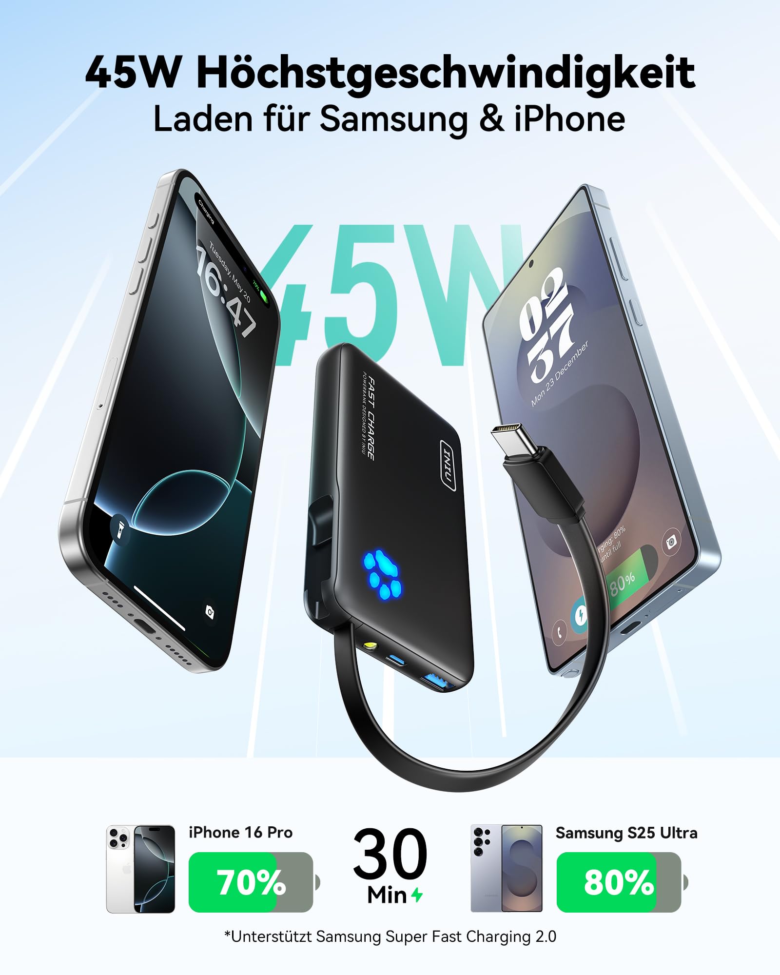 INIU Power Bank, 45W Schnellladen Mini Größe PowerBank, 10000mAh Externe Handyakkus mit Integriertem USB C Kabel, Flugzeug Geeignet, Reise Essential für iPhone 17 16 15 14, Xiaomi, Samsung, iPad, etc. 2