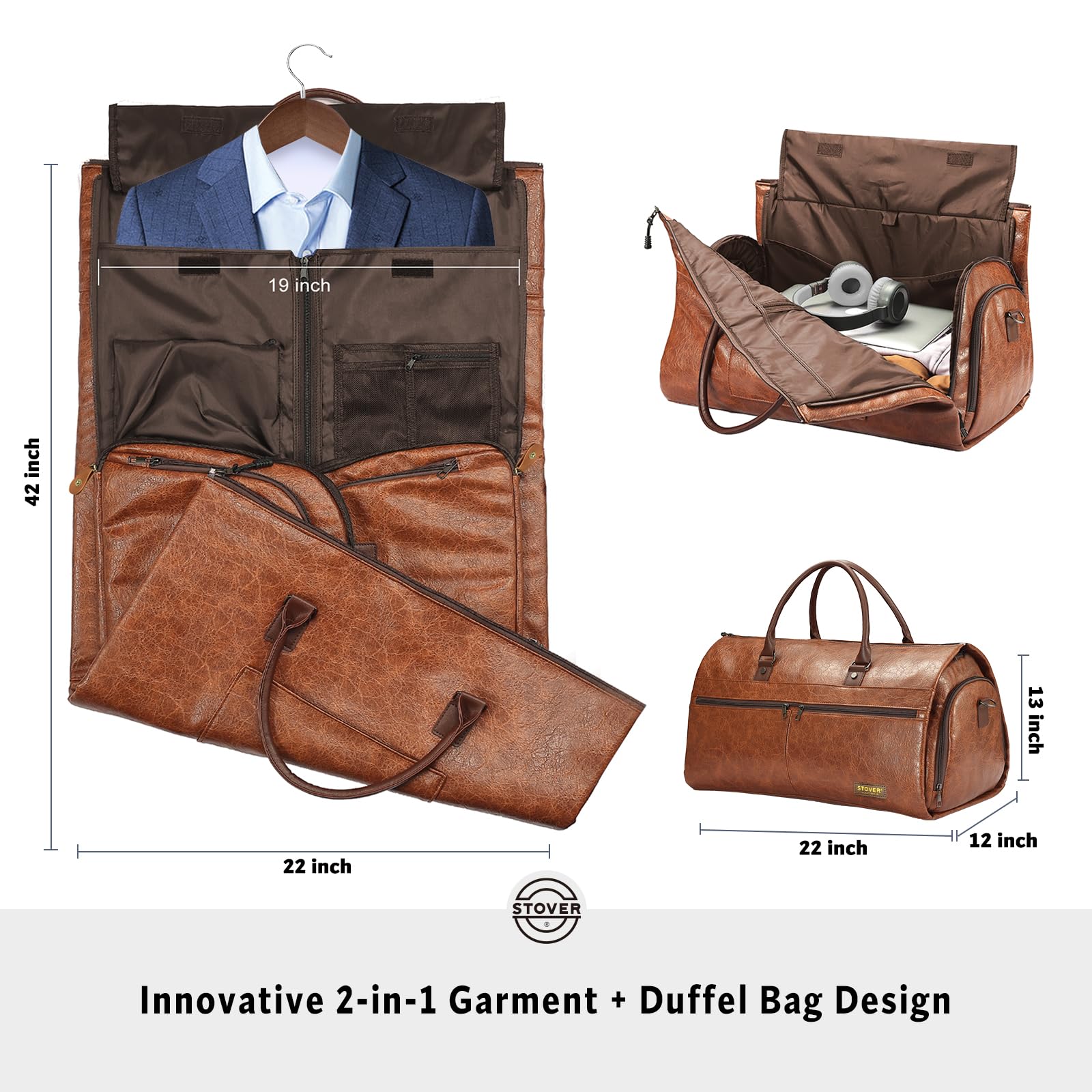 STOVER Garment Travel Duffle Bag, Large 2-in-1 Convertible Carry-on Luggage for Men & Women- Hanging Suits, Dresses & Clothes + Shoe Compartment- Weekender Tote Combo Duffel (Brown Leatherette)