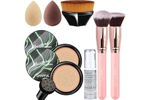 Air Cushion CC Cream Mushroom Head Foundation, 2 PCS Amazfly Moisturizing BB Cream Face Primer Makeup Long Lasting Matte Concealer Bright Makeup Base Long Lasting with Mushroom Makeup Sponge and Powder Brush (Natural+Face Primer)
