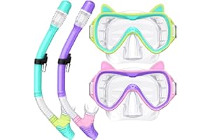 VMKFULER 2025 Cute Kitten Kids Snorkel Set,Pastel Colors, Anti-Fog Tempered Glass Snorkeling Gear for Kids Age 6 and up – Ideal for Birthdays or Graduation Celebrations!