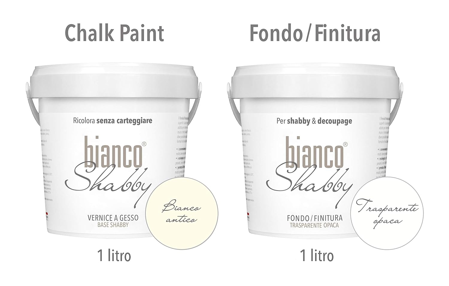 CHALK PAINT Bianco Antico & FINITURA Pittura Shabby Chic (1 Litro) + Fondo Finitura