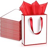 Yeaqee 24 Pack Metallic Paper Gift Bags with Handle and Tissue 9x7x3.1 Gold Foil Welcome Thank You Favor Bags Return Gifts for Wedding St. Patrick's 5 Senses Bridesmaid Birthday(White, Dark Red)