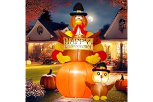 GOOSH 6 FT Thanksgiving Inflatables Turkey Outdoor Decorations Blow Up Yard Turkey on Pumpkin with Turkey Baby with Built-in LEDs for Indoor Party Garden Lawn Decor