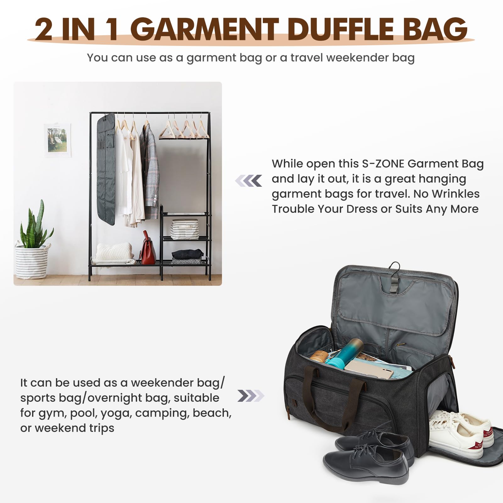 S-ZONE Carry On Garment Bag for Travel Convertible Garment Duffle Bag Suit Bags for Men Women Travel 2 in 1 Hanging Suitcase Business Travel Bag with Toiletry Bag, Black, 50l