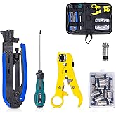 KOTTO Coax Cable Crimper Kit-Adjustable Compression Tool for RG6,RG59,RG11 | Includes Coaxial Cable Stripper and 20 F Compression Connectors