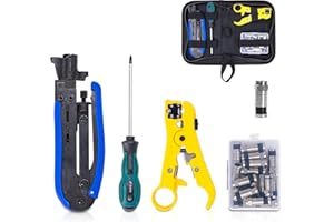 FSTOP LABS KOTTO Coax Cable Crimper Kit - Adjustable Compression Tool for RG6, RG59, RG11 - Includes Coaxial Cable Stripper and 20 F Compression Connectors