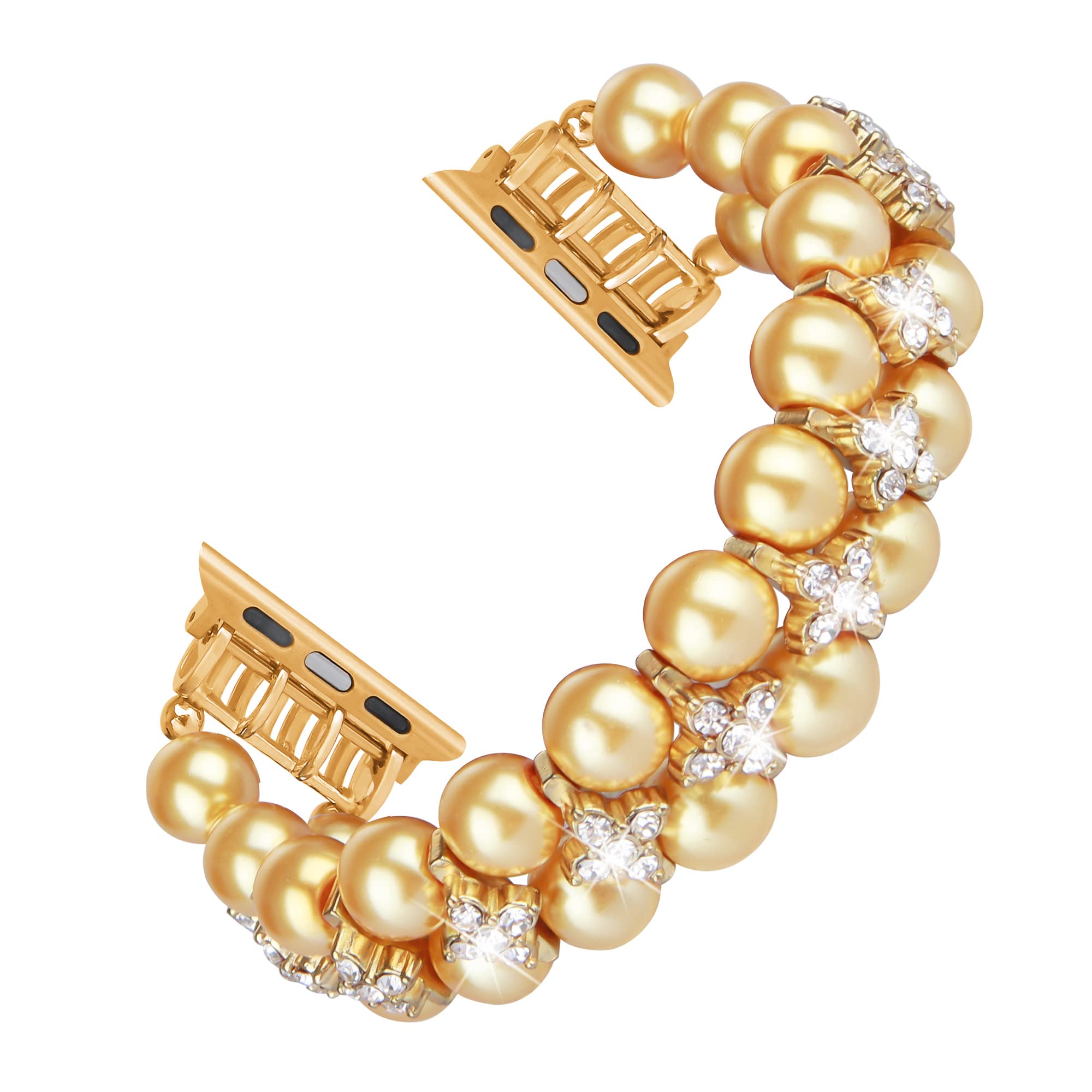 GEMEK Pearl Bracelet Compatible with Apple Watch Band 38/40/41mm iWatch Series 9/8/7/6/5/4/3/2/1, Artificial Elastic Stretch Diamond Jewelry Wristband Replacement Strap for Women (Shiny Gold)