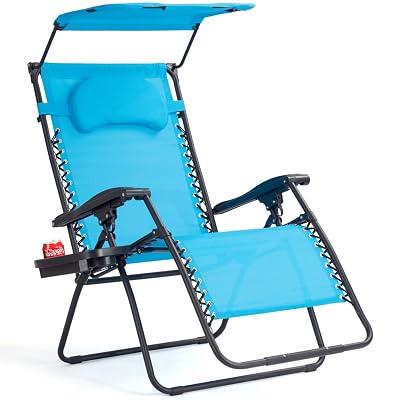 Goplus Zero Gravity Chairs, X-Large Folding Lounge Lawn Chair w/Canopy Shade & Cup Holder, Adjustable Folding Patio Recliner for Pool Porch Deck Oversize (Blue)