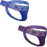 GAREDOB Sexy Men Lace Thongs Comfortable Soft Lace T Back Thong Underwear Wide Waistband 2 Pack Size S-4XL