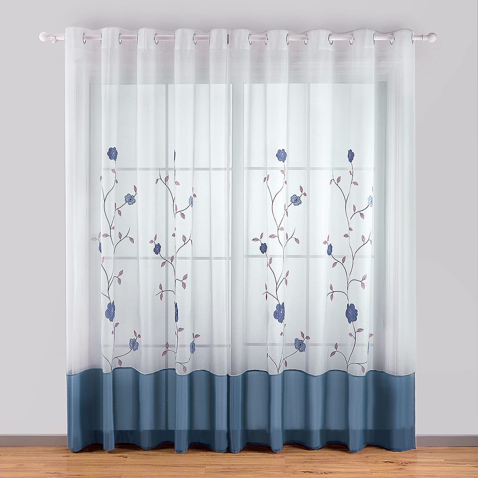 SIMPVALE Voile Curtains Panel Semi Transparent Sheer Window Net Curtains Floral Embroidered Drape with Eyelet for Living room Bedroom Kitchen Balcony, 1 Panel, 55"(Width) x 98"(Drop), Blue