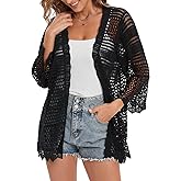 WESURE Crochet Cardigan for Women 3/4 Sleeve Open Front Lightweight Lace Boho Cover Up