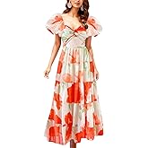 GOLDSTITCH Women's 2026 Boho Floral Maxi Dress Puffy Short Sleeve Cutout V Neck Casual Long Beach Dress