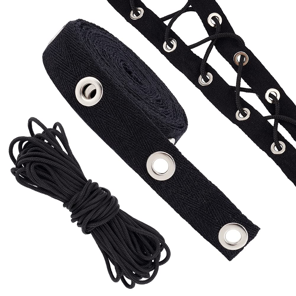 BENECREAT 3 Yard/2.74M 20mm Wide Black Cotton Grommet Eyelet Twill Tape Trim with 10Yards/9M 3mm Round Polyester Braided Ribbons for Sewing Crafts Making