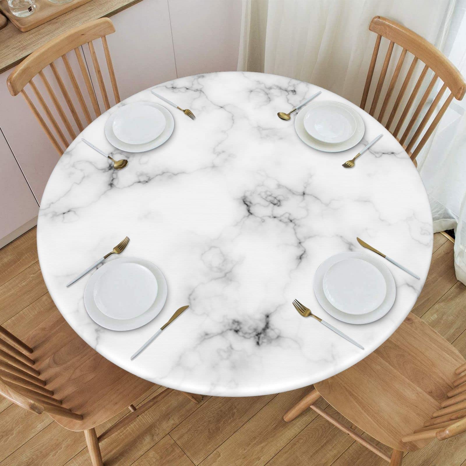 Photo 1 of AIMASTZ Elastic Edged Round Fitted White Marble Pattern Table Cloth Cover for Indoor Outdoor Kitchen Party, Waterproof Wipeable Tablecloth for 45"- 50" Tables,Medium