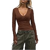 Verdusa Women's Wrap V Neck Long Sleeve Sweater Lightweight Fitted Pullovers Fall Outfits