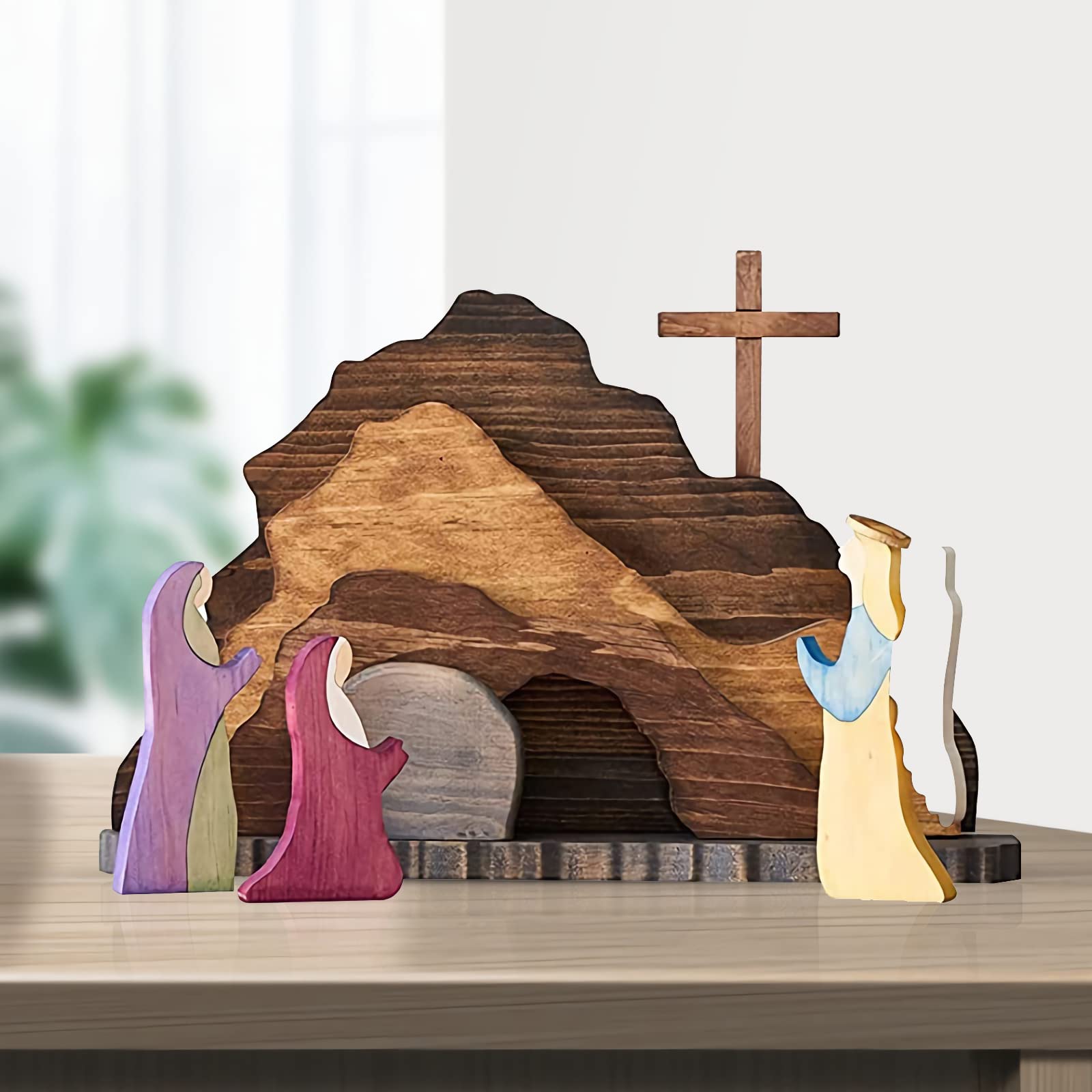 Photo 1 of **SMALL CHIP ON STAND**KUJAIS Easter Scene Wooden Decorations - Empty Tomb Easter Resurrection Scene Set and Cross Decoration - Religious Christian Jesus Nativity Decor for Home Table Office