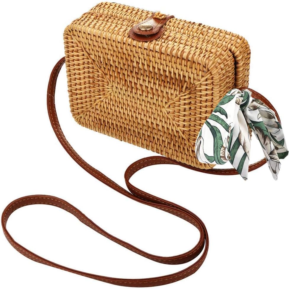 Rattan Bags for Women, Xmeng Straw Round Bali Ata Handbags Woven Circle Crossbody Wicker Purse Adjustable Strap Boho Bag