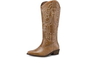 mysoft Women's Cowboy Boots Mid Calf Cowgirl Boots Embroidered Western Pointed Toe Chunky Heel Pull On Knee High Boots