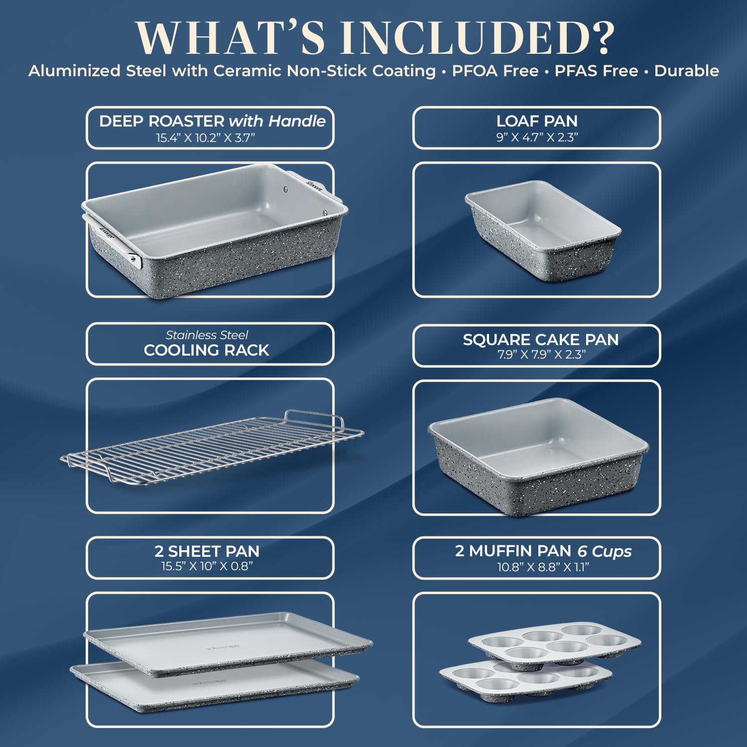 Bakken 8-Piece Stackable Bakeware Set - Ceramic Non-Stick Coating, Baking Sheets, Assorted Baking Pans, PTFE, PFOA & PFOS Free - Healthy Baking, Ergonomic Handles, Cooling Rack, Non-Toxic, Oven-Safe