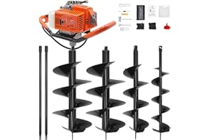 PROWOO 72CC Auger Post Hole Digger, 2 Stroke Gas Powered Earth Post Hole Digger with 3 Auger Drill Bits(4" & 6" & 12") + 2 Extension Rods for Farm Garden Plant, Orange (72cc+3 Auger(4"6"12")+2 Ext)