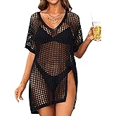 SOCIALA Swimsuit Cover Up for Women Side Split Crochet Cover Up Short Sleeve Swim Dress Mesh Bathing Suit S-XL