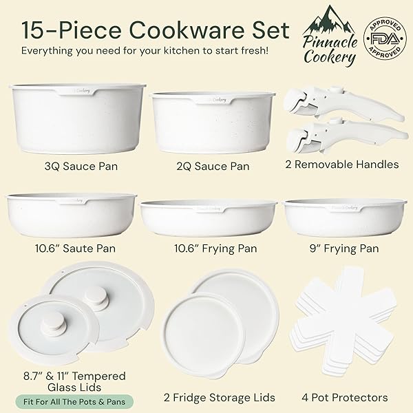 PINNACLE COOKERY 15-PIECE WHITE GRANITE NONSTICK COOKWARE SET – DETACHABLE HANDLES & TEMPERED GLASS LIDS – STACKABLE & COOL-TOUCH – INDUCTION & OVEN SAFE TO 480°F – SCRATCH-RESISTANT, PFOA & PFOS-FREE