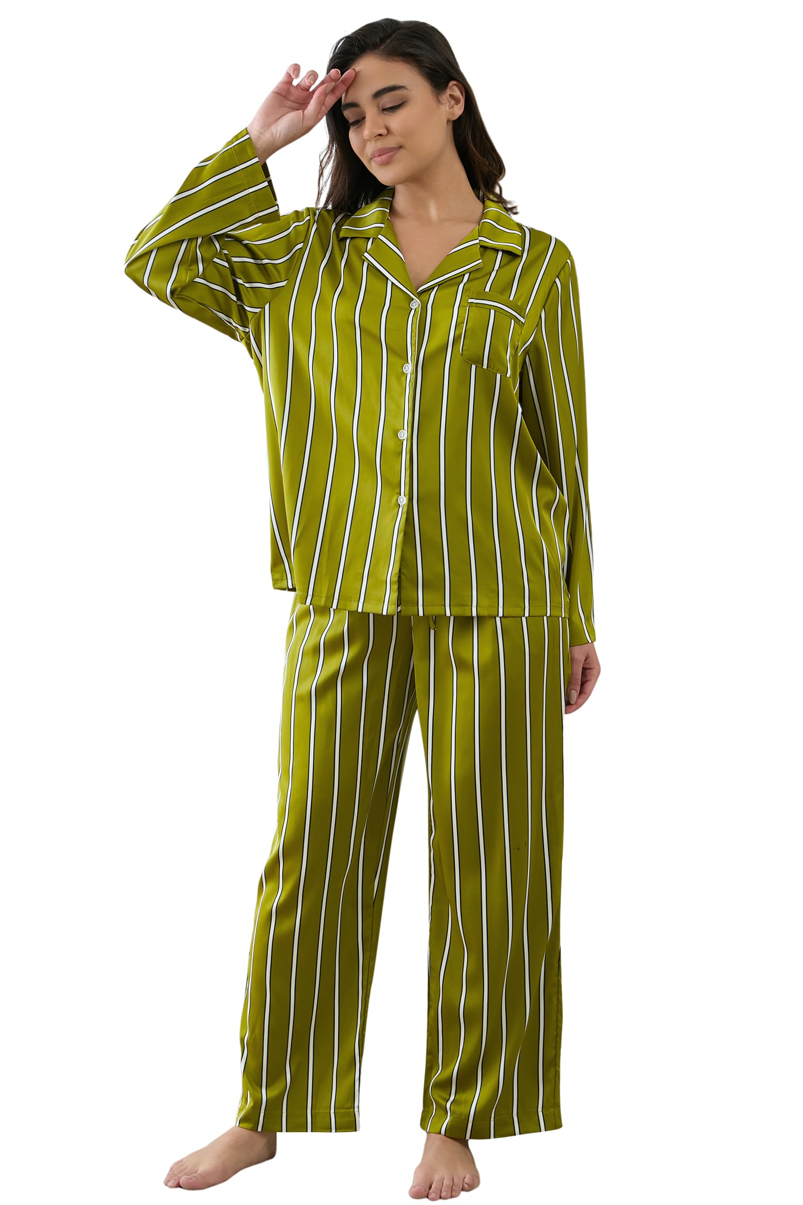 Photo 1 of YiNi LuLu Womens Silk Satin Pajamas Set Button Down 2 Piece Pjs Set For Women Long Sleeve Oversized Sleepwear with Pockets XL