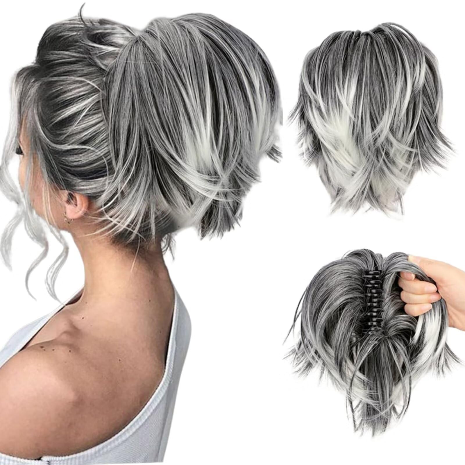 RUNRAYAY Hair Bun Hairpiece Fully Short Ponytail Bun Mixed Grey Hair Chignon with Comb Bun Updo Drawstring Bun Synthetic Hair Piece Extension for Women, Grey Silver