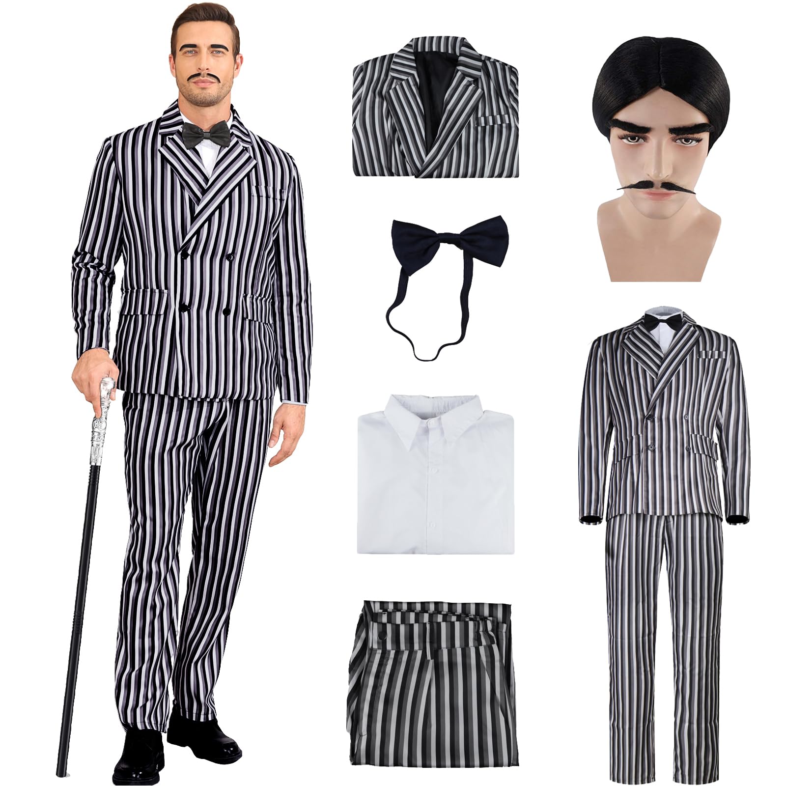 Photo 1 of Men's 1920s Gangster Costume Pinstripe Suit Blazer Jacket Shirt Pants Set with Necktie Halloween Cosplay Outfits M