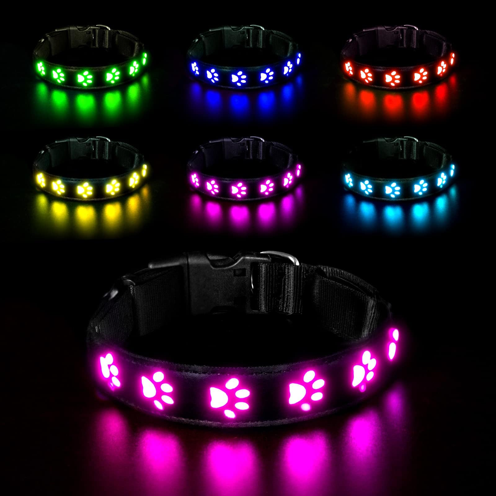 AUAUY Light Up Dog Collar, LED Dog Collar Light USB Rechargeable, Waterproof Flashing PVC Leather Adjustable Glowing Super Bright Dog Light Up Collar for the Dark Small Medium Large Dogs (Colorful-M)