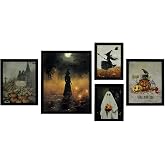 ArtbyHannah Framed Halloween Wall Art Decor, 5 Pack Picture Prints | Assorted Size Vintage Decor, Witch Pumpkin Spooky Gallery Wall Frame Set for Living Room Bedroom Stairway Party Decorations