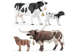 THINKBAY 4PCS Cows Bulls Longhorn Farm Animal Figurines Toys for Kids, Plastic Cow Farm Animals Figures for Boys Girls Include White Holstein & Texas Longhorn and 2 Calfs, Cake Toppers Party Favors