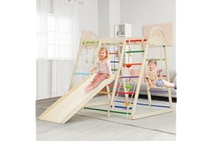 HOMMOW 9 in 1 Indoor Jungle Gym, Indoor Playground Climber Playset, Climbing Toys for Kids with Swing, Slide, Rope Ladder and Climbing Rocks, Indoor Playset for Boys and Girls, Colorful