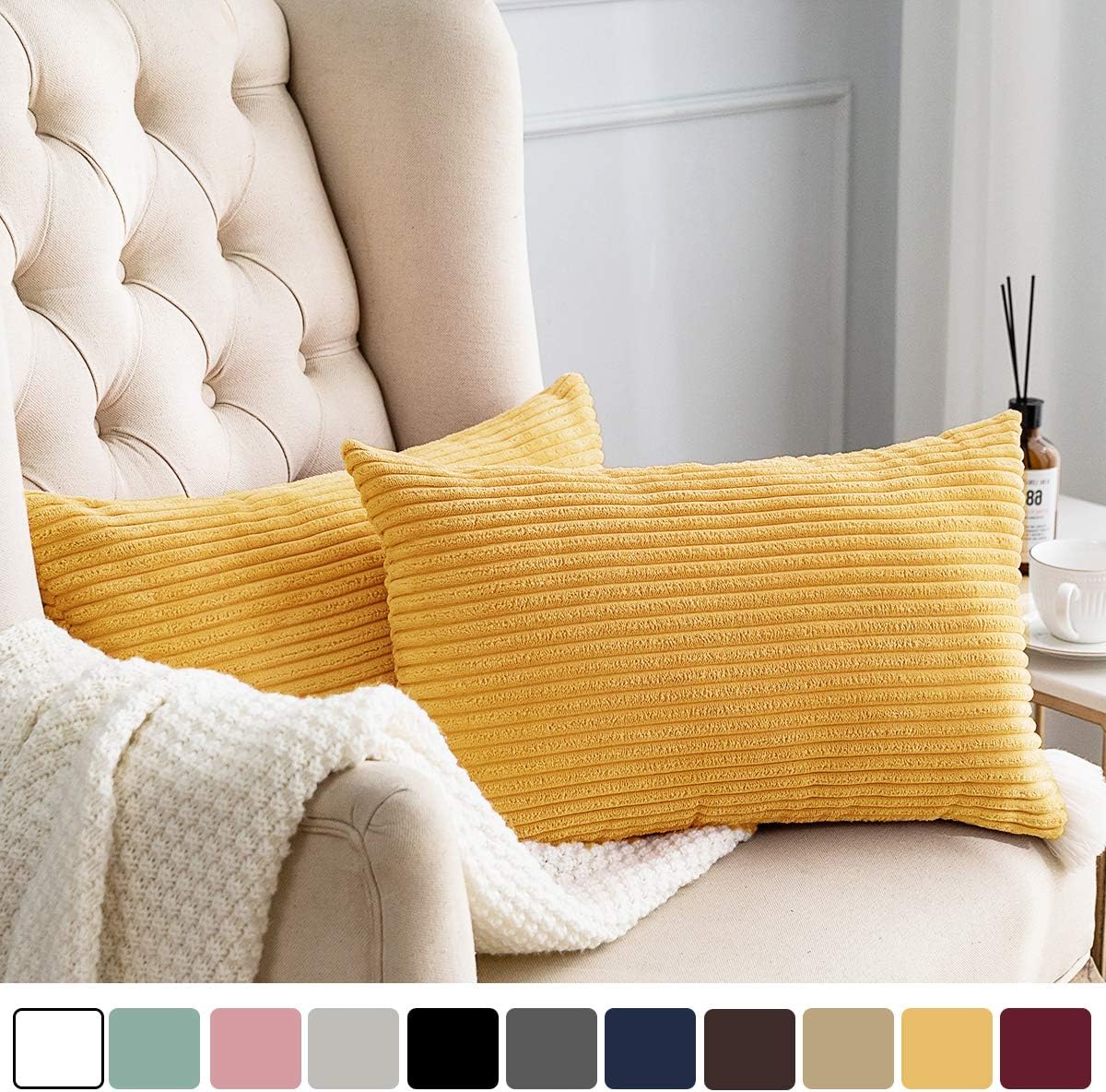 MUDILY Pack of 2 Soft Velvet Striped Corduroy Cute Decorative Oblong Throw Pillow Covers Cushion Cases Pillow Cases for Sofa Car Sunflower Yellow 12 x 20 inch 30 x 50 cm