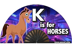 PandaTak Gay Pride Folding Hand Fans, Funny Large 13" Bamboo Fan with UV Reactive Ink, for LGBTQ Circuit Parties EDM Festivals and Raves (K is for Horses)