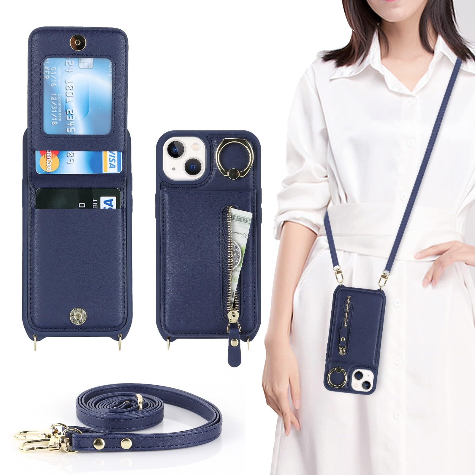 Zouzt for iPhone 13 Mini Case with Cord and Card Holde, Zipper Wallet Case with Crossbody Lanyard Ring Adjustable Necklace Protective Cover Women for iPhone 13 Mini 5.4 Inch - Blue