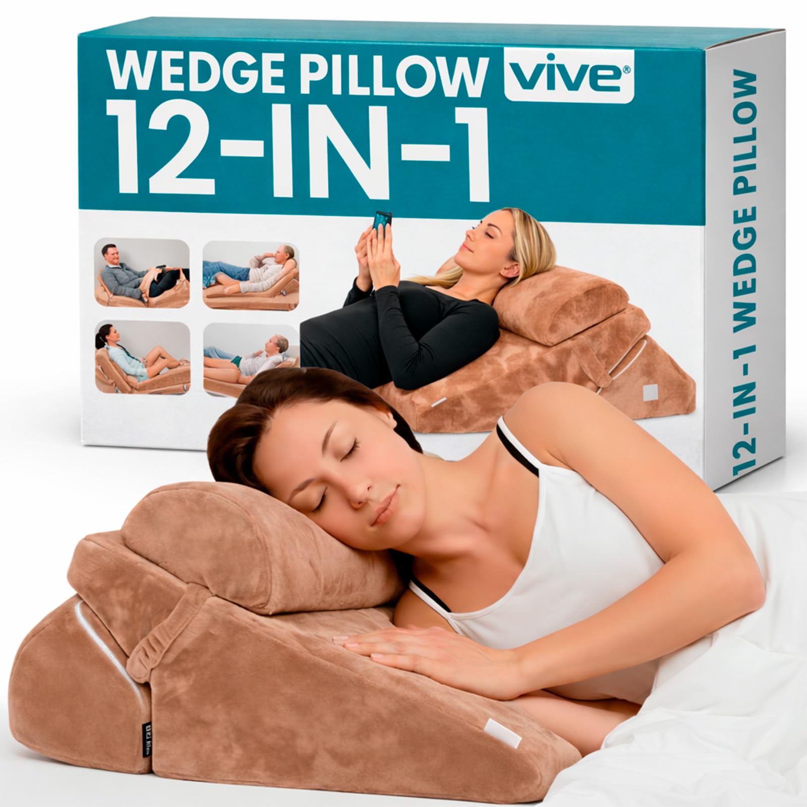 Xtra-Comfort Bed Wedge Pillow - Folding Memory Foam Incline Cushion System for Back and Legs - Triangle Shaped for Reading, Support - Washable (Brown)