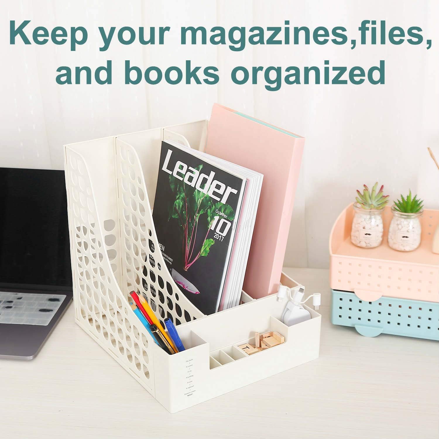Desktop File Organizer, Office Supplies Desk Accessories with Pencil Holder for Desk Organization and Paper Organizer-Document Organizer, File Folder-White: Home Improvement
