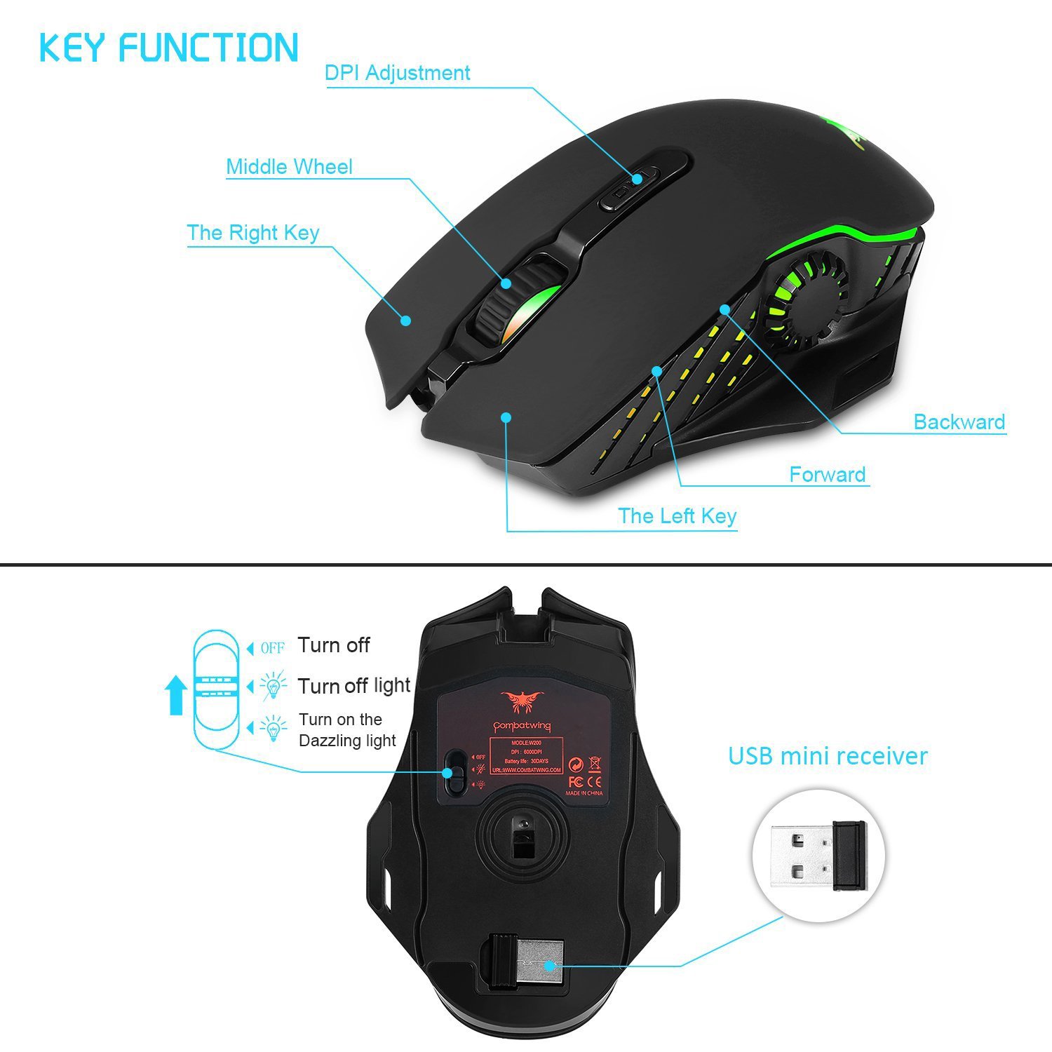 Wireless Mouse Mactrem W200 Rechargeable Battery 4 DPI levels gaming mouse for Mac ,Windows2000/XP/ME/VISTA/WIN7/WIN8/Sensitivity 7 Buttons Lighting in 6 Colours for PC and WIN10 (Black)