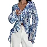 WDIRARA Women's Floral Print Ruffle Blouse V Neck Tie Front Long Bell Sleeve Chiffon See Through Tops
