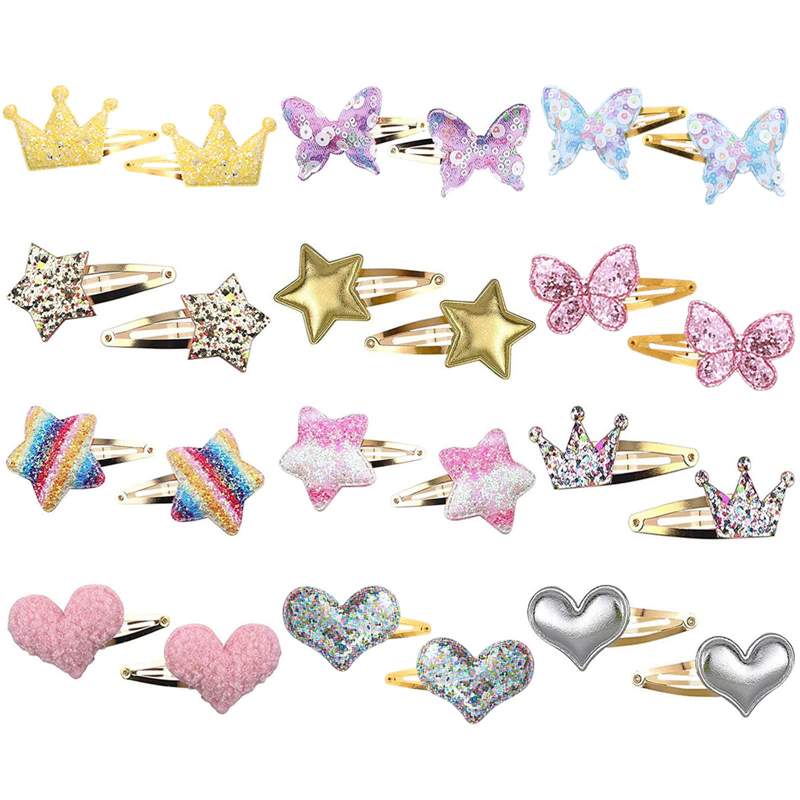 KEYRI 24 Pcs Hair Clips Girls Hair Accessories Star Butterfly Crown Heart Shaped Barrettes Women Hairpins Sparkly Cute Clips for Girls Women Kids Fine Thick-Hair (24 Pieces)