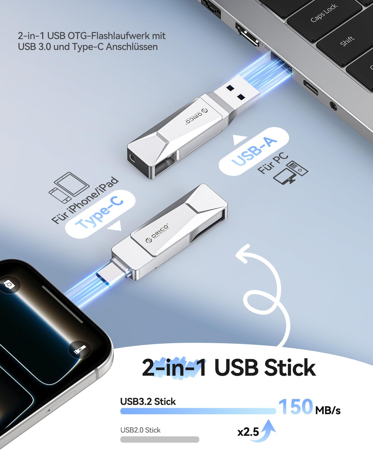 ORICO USB Stick 128GB USB C Stick Speicherstick OTG Bis zu 150MB/s 2-in-1 Typ C Flash Laufwerk Metall für iPhone 17/16/15/Android-Smartphone/Tablet/Mac/Laptop/PC, Silber, CB05 2