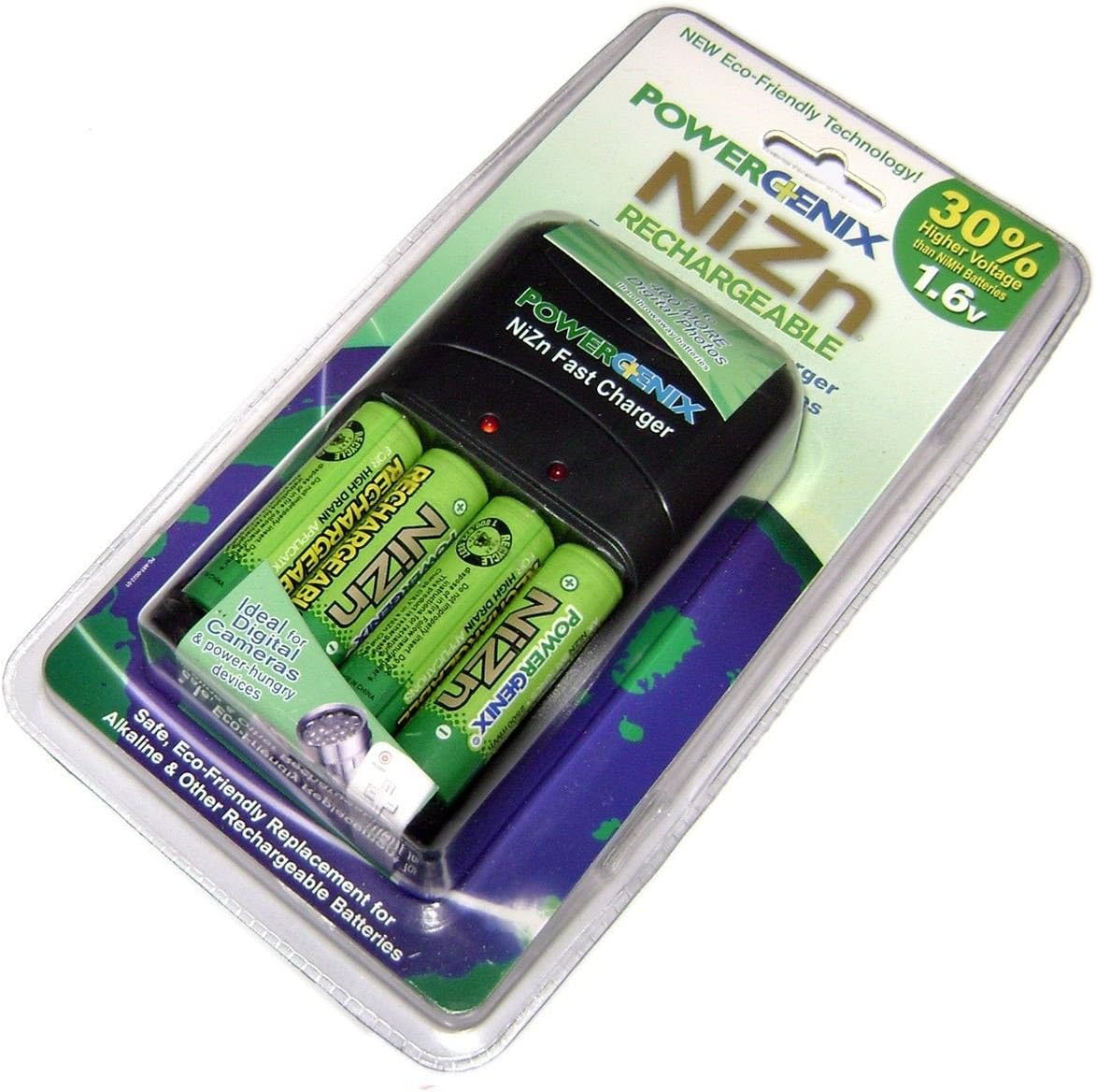 Smart Fast Nizn Charger & 4 Aa 1.6V 2500Mwh Ni-Zn Rechargeable Battery Black