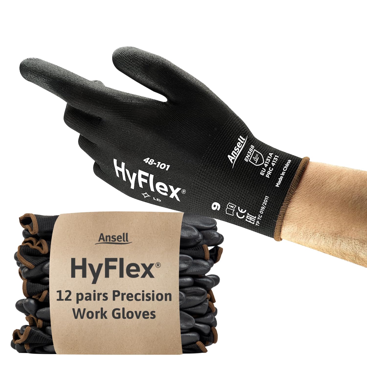 Ansell HyFlex 48-101 PPE Gloves, Lightweight PU Coated Protective Gloves, Durable Safety Gloves with Enhanced Tactility, Black Nylon Liner, Work Gloves Small for Precision Handling, 12 Pairs