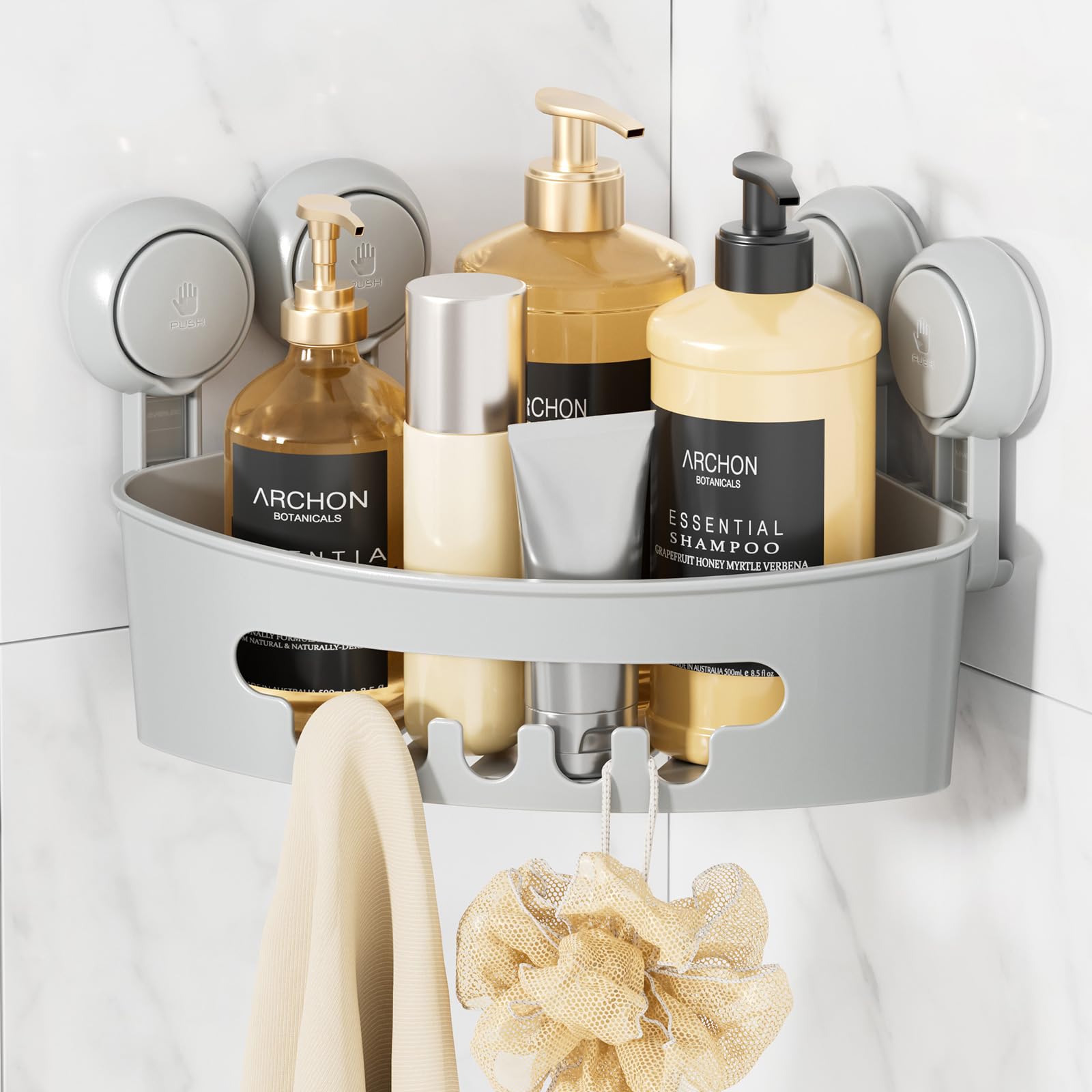 Photo 1 of LEVERLOC Corner Shower Caddy Suction Cup, Shower Caddy Basket Powerful Suction Bathroom, Waterproof & Rustproof Organizer for Bathroom Storage, No-Drilling Removable (Grey)