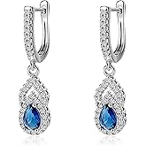 Teppdfann Sapphire Blue Huggie Hoop Earrings for Women – Silver Elegant Drop Dangle Earrings with Teardrop Sapphire, Stunning Birthstone Jewelry for Gift