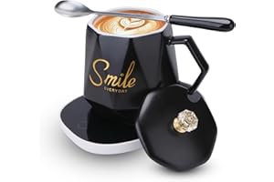JIANEIL Coffee Mug Warmer & Smile Everyday Mug Set, Coffee Tea Warmer Cup for Desk Office Home, Beverage Warmer for Women Smart Coffee Mug Warmer Set with Gift Box (Black)