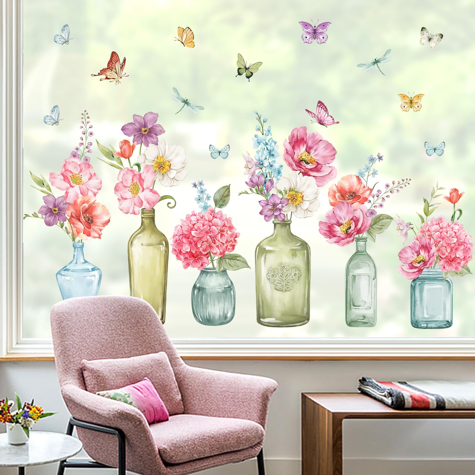wondever Spring Summer Flowers Window Stickers Floral in Jars Butterflies Glass Decal Clings Anti Collision Double-Side Static Window Decals for Home Glass Window