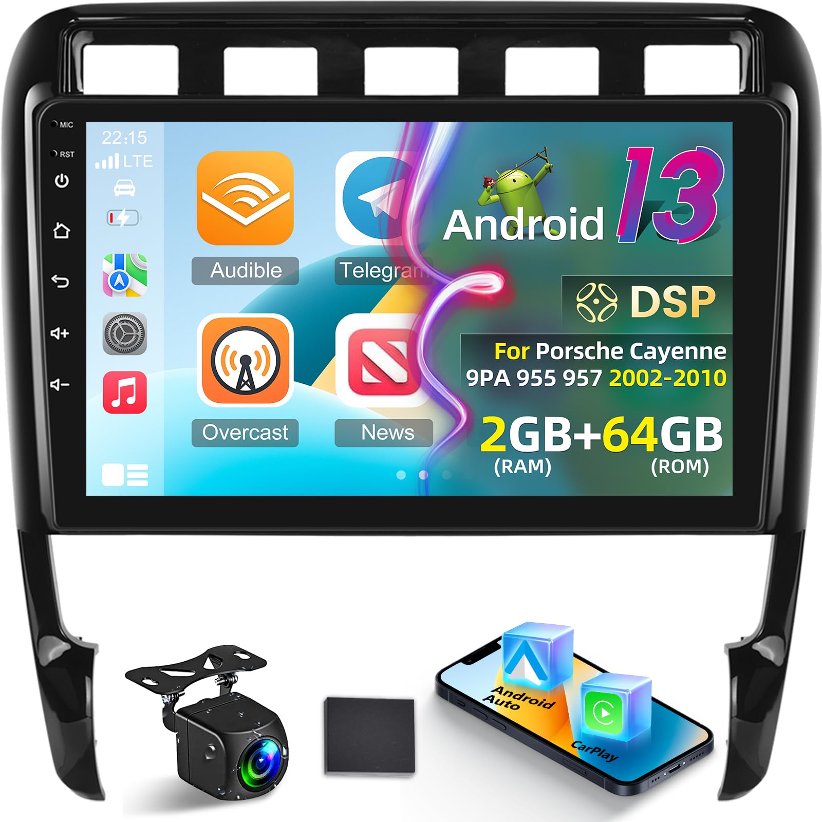 Photo 1 of [2+64G] for Porsche Cayenne 9PA 955 957 2002-2010 Car Stereo - 9 inch HD Touchscreen Android 13 Car Radio - Wireless Carplay and Android Auto, DSP Audio, WiFi, GPS, SWC + Canbus + AHD Backup Camera